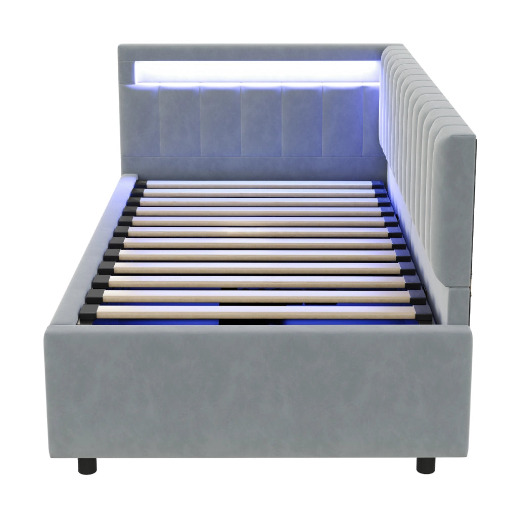 Letto imbottito 90x200 con LED, contenitore idraulico e rete a doghe