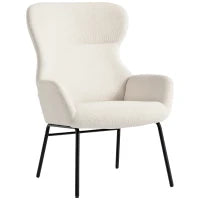 Poltrona Imbottita Moderna con Schienale Alto, Imbottitura Spessa, Gambe in Acciaio, Bianco Crema