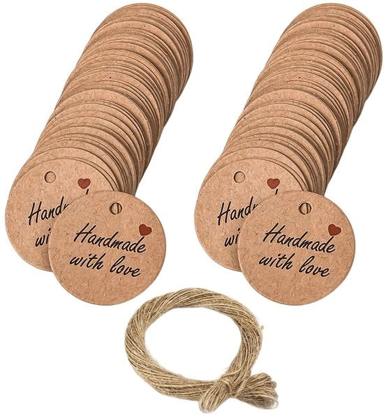 Etichette decorative a mano 200 pezzi - Etichette per decorare - 3 cm - Etichette per Henneptouw 40 m