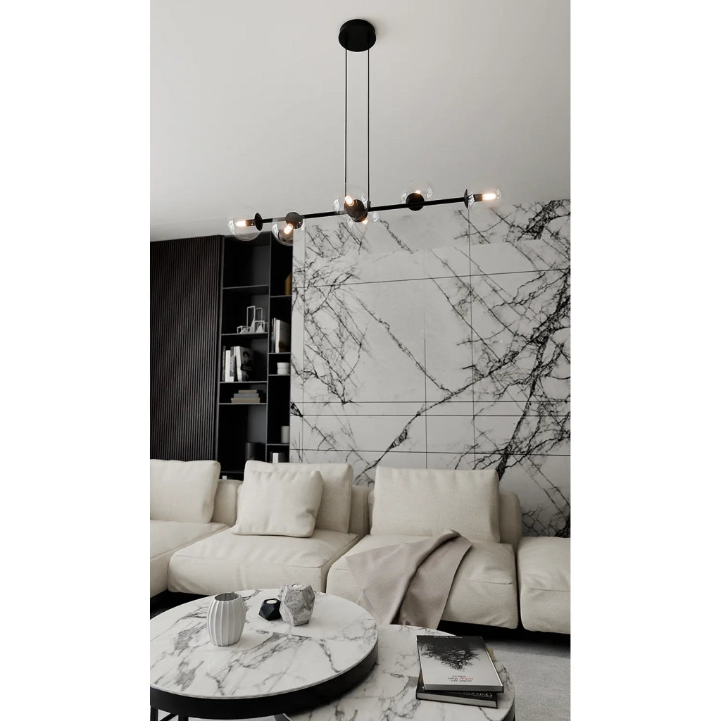 Lampadario Contemporaneo 6 Luci Durga In Acciaio Nero E Sfere Vetro Trasparente