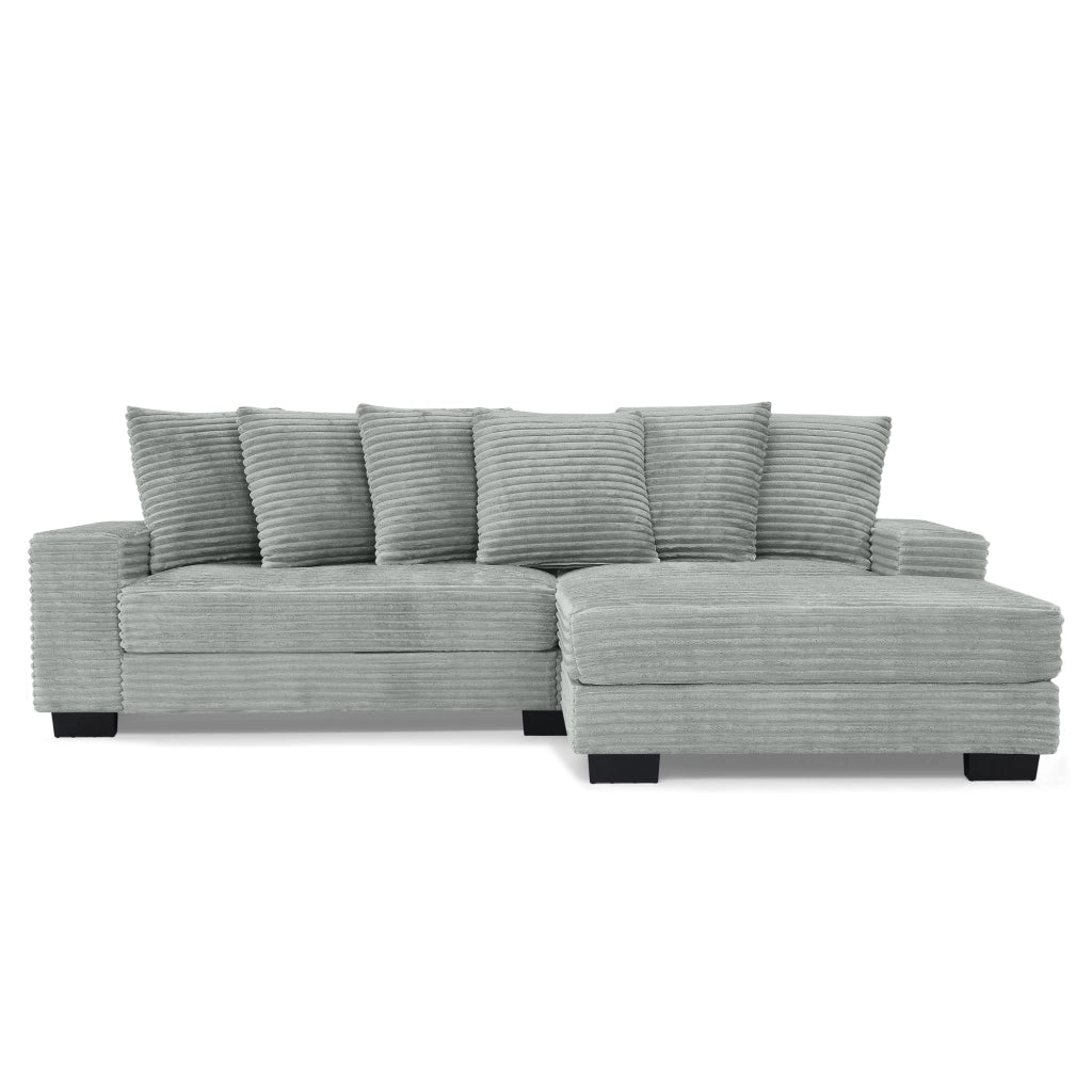 Divano angolare 4 posti con chaise longue reversibile e 6 cuscini in velluto a coste grigio