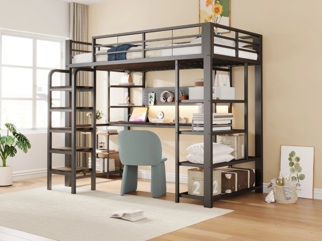 LETTO A SOPPALCO 90x200 cm in metallo e legno nero con scrivania, LED e prese