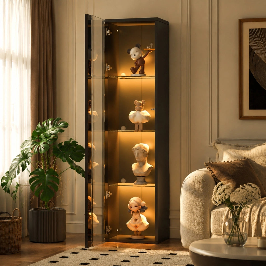 vetrina con 4 livelli espositivi, LED RGB controllato da app, truciolare e acrilico, nera 40 × 29 × 170 cm