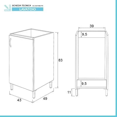 Mobile lavatoio 45x50 in ceramica con strofinatoio bianco opaco