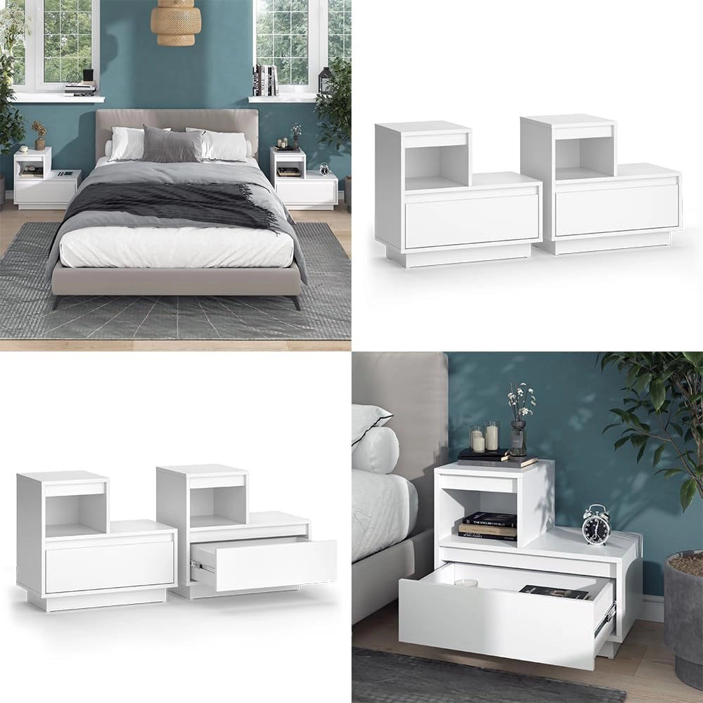 Comodino Tina, Bianco, 59.4 x 53.2 cm Set di 2