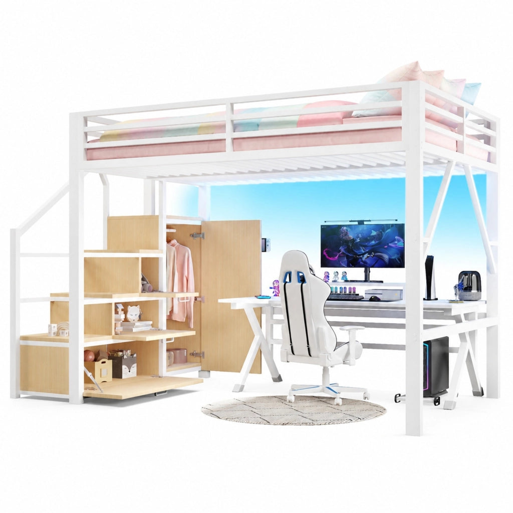 Letto a Soppalco 140x200 cm; con Contenitori; Armadio e LED; in Metallo e MDF; Bianco