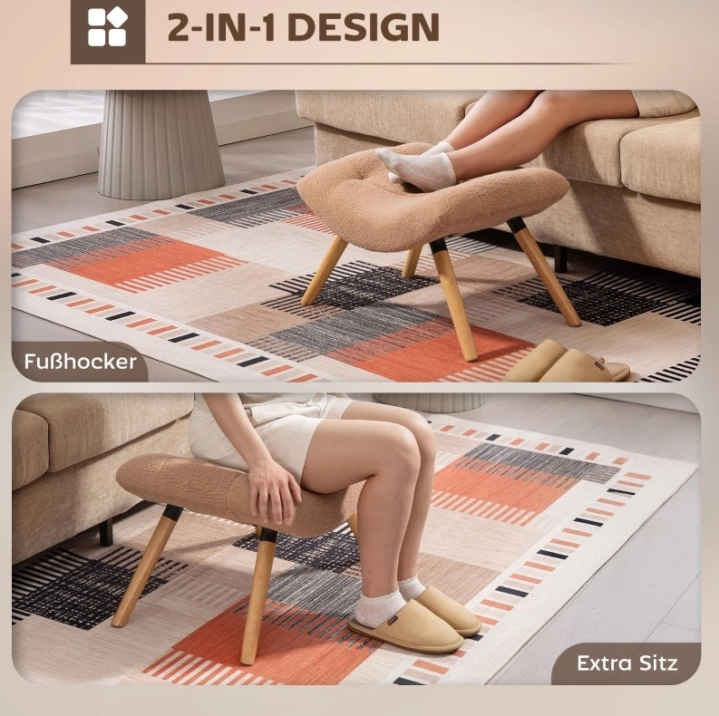 Poggiapiedi imbottito marrone con gambe in legno
