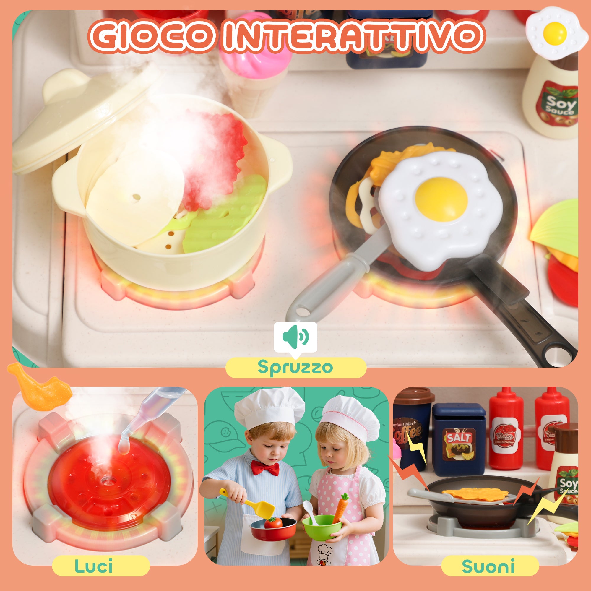 Cucina Giocattolo per Bambini 3-6 Anni con 92 Accessori 44,5x24x79 cm in PP e ABS Verde