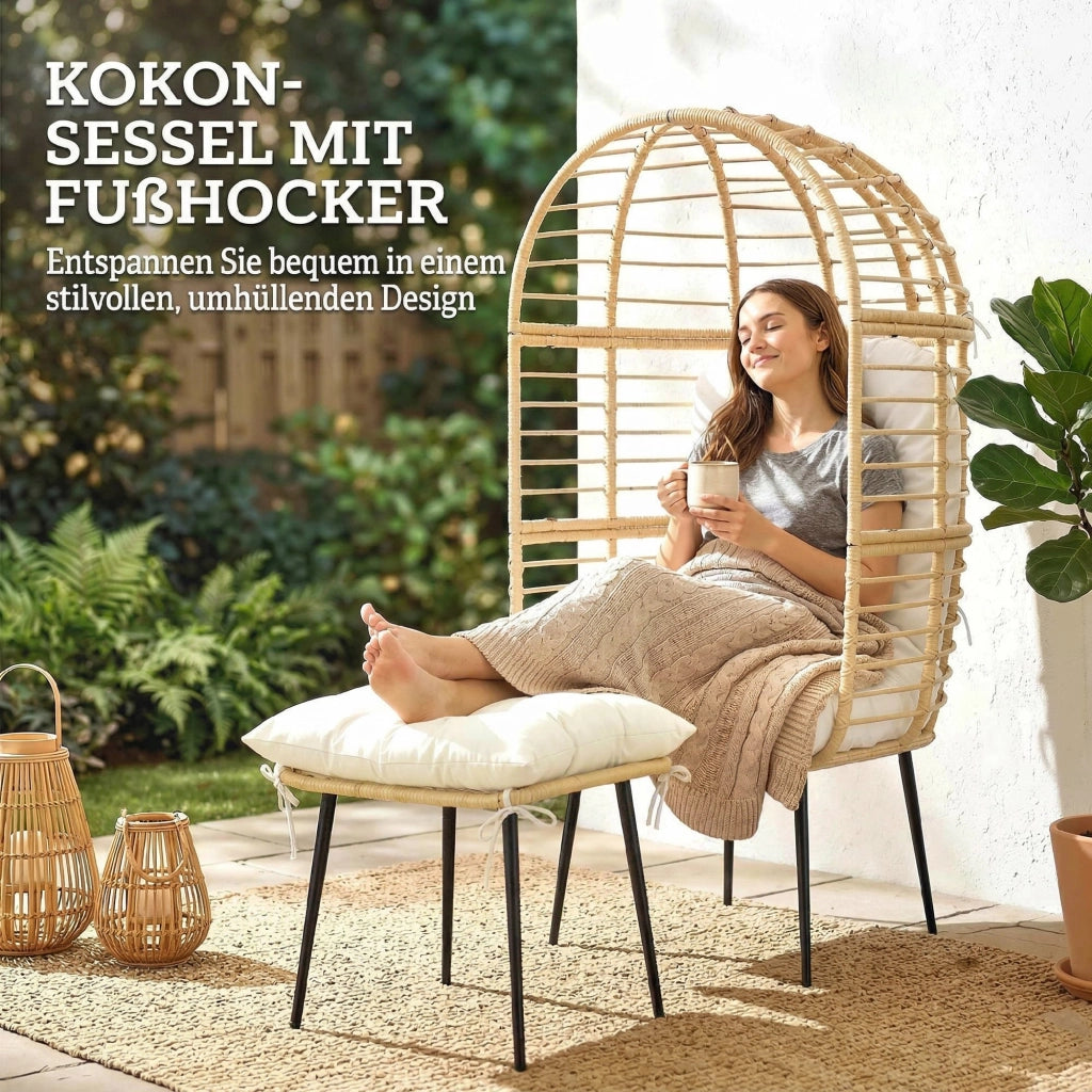 Poltrona da giardino in rattan con poggiapiedi e cuscini ¨C zephmum ¨C Beige