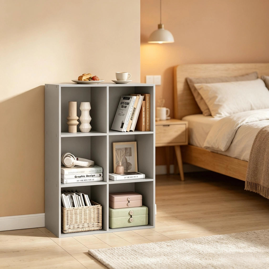 Scaffale a cubi aperto a 6 vani, grigio, in legno ingegnerizzato E1, 59,6 x 89 x 29 cm