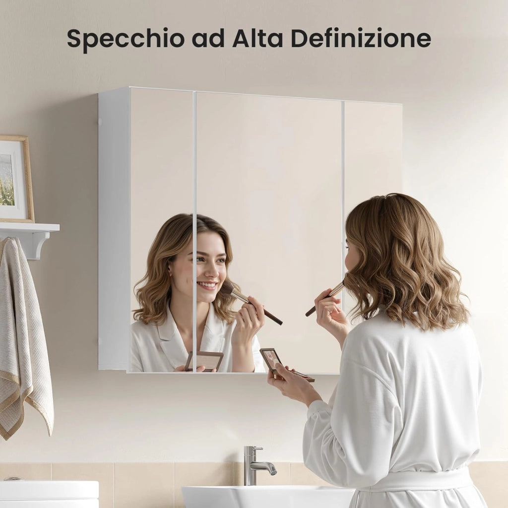 Armadietto Bagno con Specchio, Mobile Bagno Sospeso, con 3 Ante, Ganci, Ripiani Regolabili, Stile Nordico, Bianco, 70x14,5x61 cm