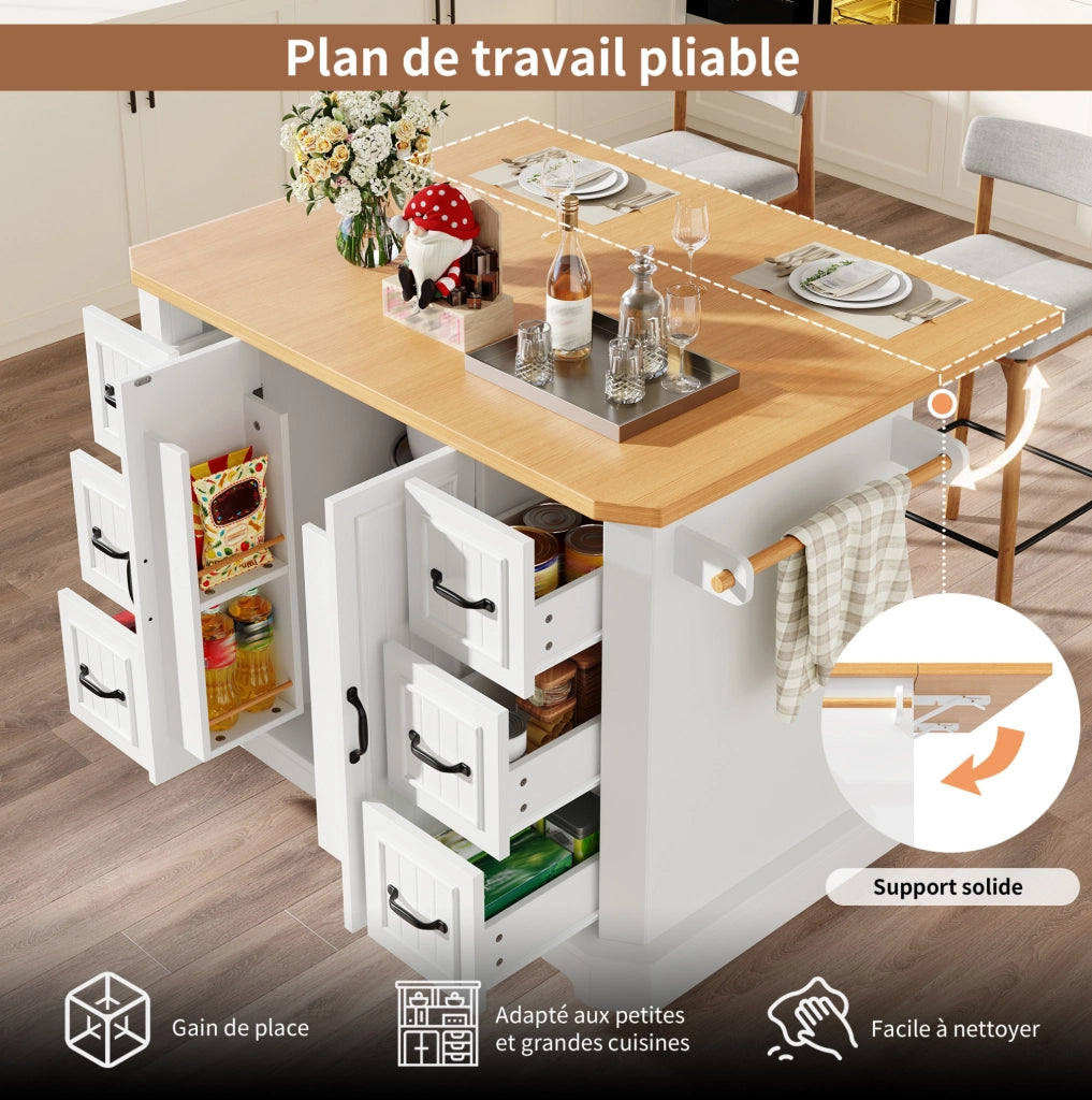 Isola da cucina mobile con 2 ante e 6 cassetti, bianca