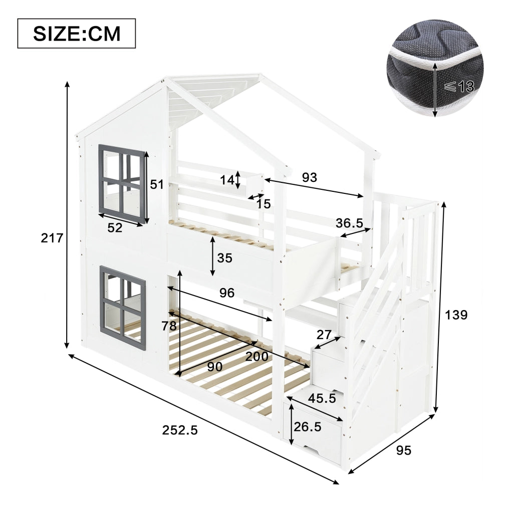 letto a castello in legno massiccio e mdf bianco grigio 90x200 cm