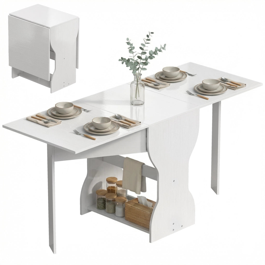 Tavolo da Pranzo Pieghevole per 4 Persone con Ripiano, in Legno, 160x60x75 cm, Bianco