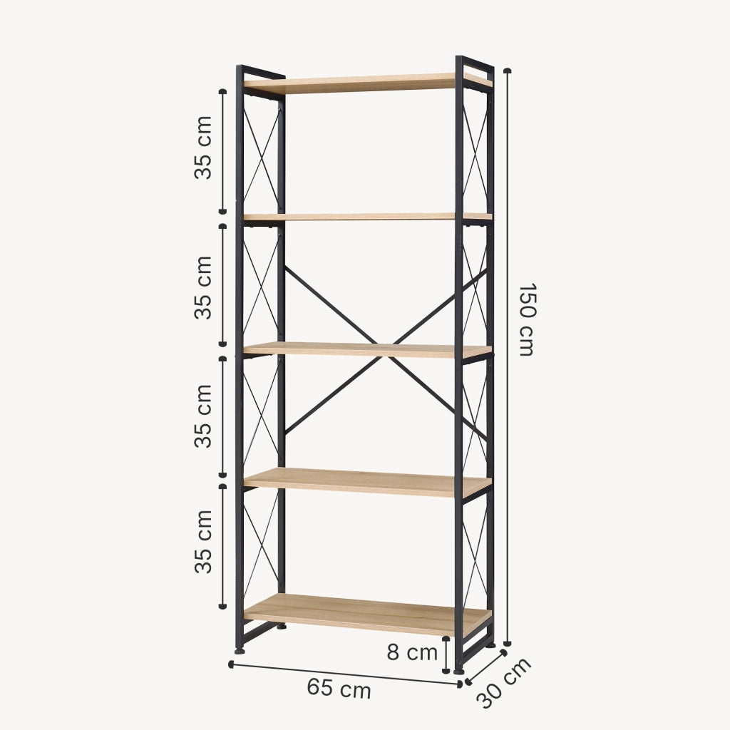 Libreria Skørping a 5 Ripiani Scaffale da Terra 160 x 65 x 30 cm - Nero / Effetto Rovere [en.casa]