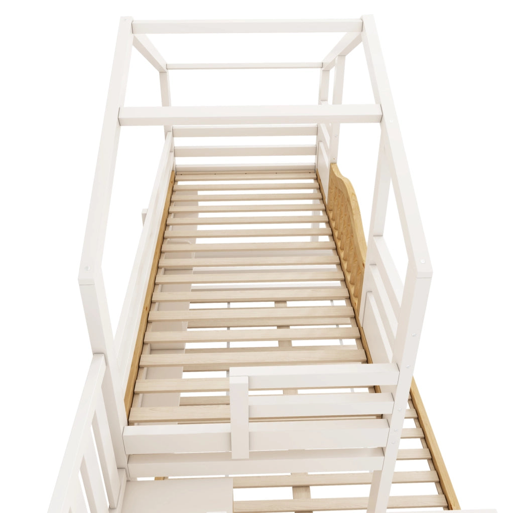 Letto a castello a casetta con scaletta contenitore 90/140x200 cm; bianco e legno