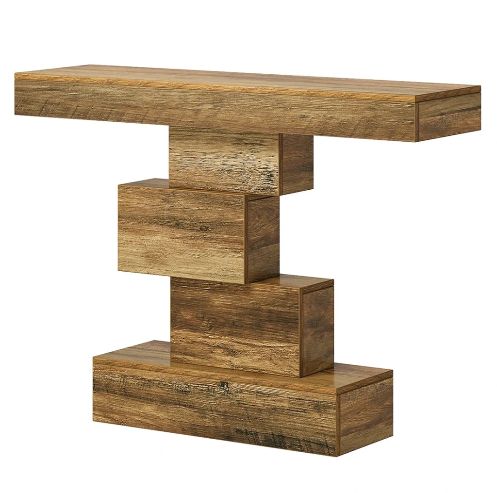 Tavolo consolle in legno con base geometrica, stile rustico e design funzionale