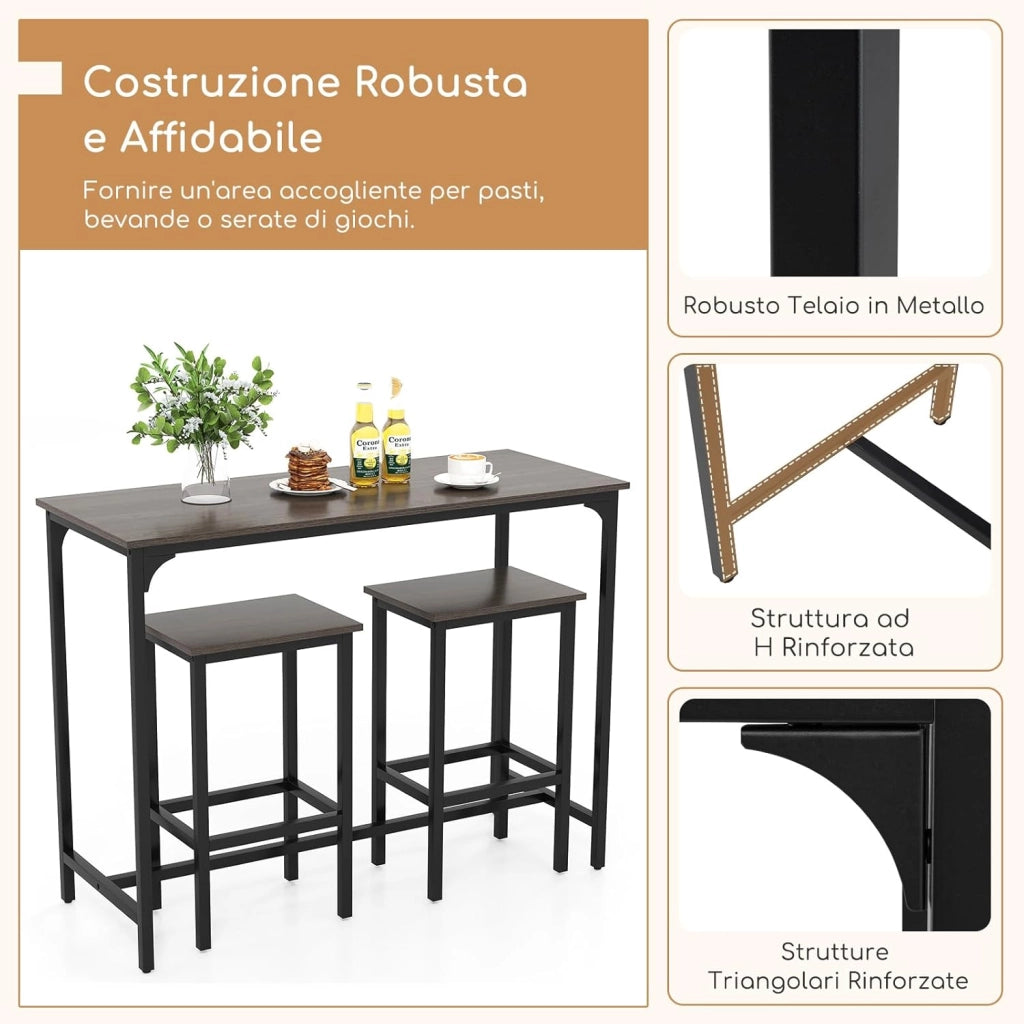 Tavolo con 2 Sgabelli in Metallo e Legno, Set da Pranzo 3 Pezzi, Tavolo Rettangolare da Cucina con 2 Sedie per Sala da Pranzo, Appartamento e Bistro, Stile Retrò (Grigio)
