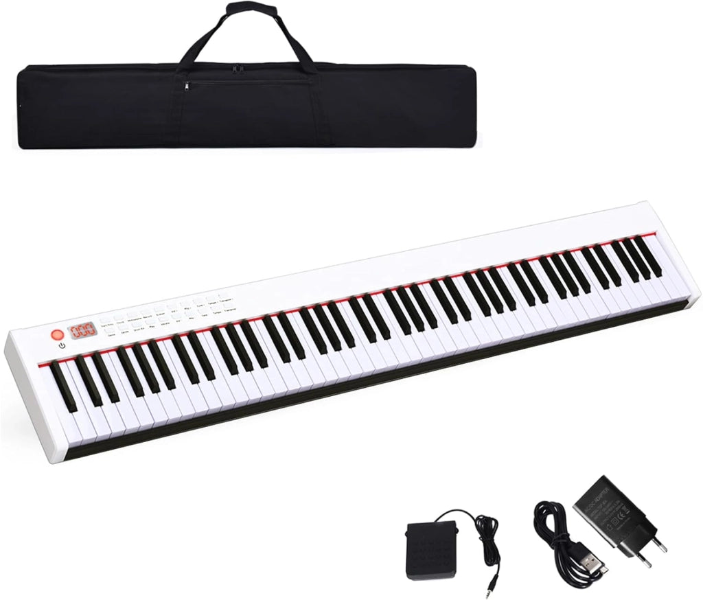 Pianoforte Digitale 88 Tasti Multifunzionale, Tastiera Elettronica con Funzione Bluetooth, Pianola Semi-Pesato per Principianti con Pedale di Sustain, 127 x 21,5 x 6,5 cm (Bianco)