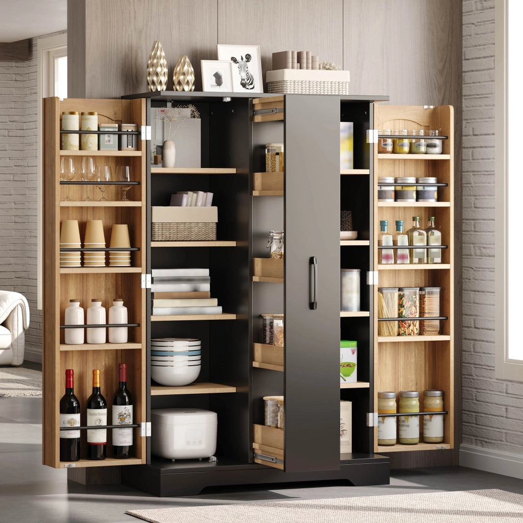 Credenza e madia con 2 ante, 4 ripiani e vani porta spezie, stile moderno, per cucina, in MDF, nero, 120 × 78 × 35 cm