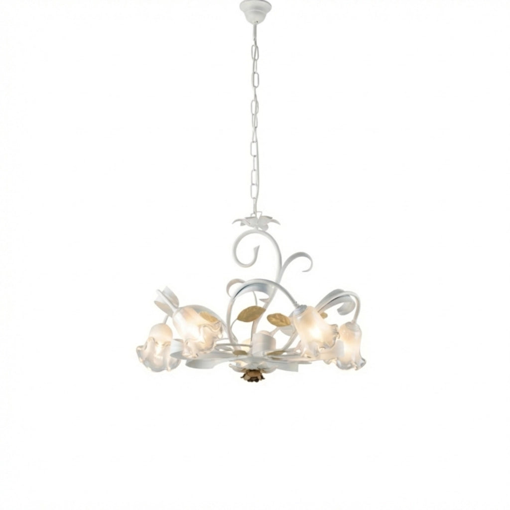 Lampadario Arte Povera Cesto Metallo Bianco E Oro 5 Luci E14