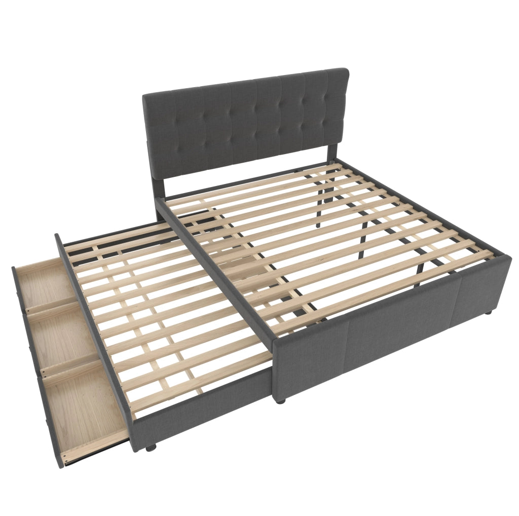 Letto imbottito 140x200 cm; estraibile con 3 cassetti; testiera regolabile; lino; grigio (Senza materasso)