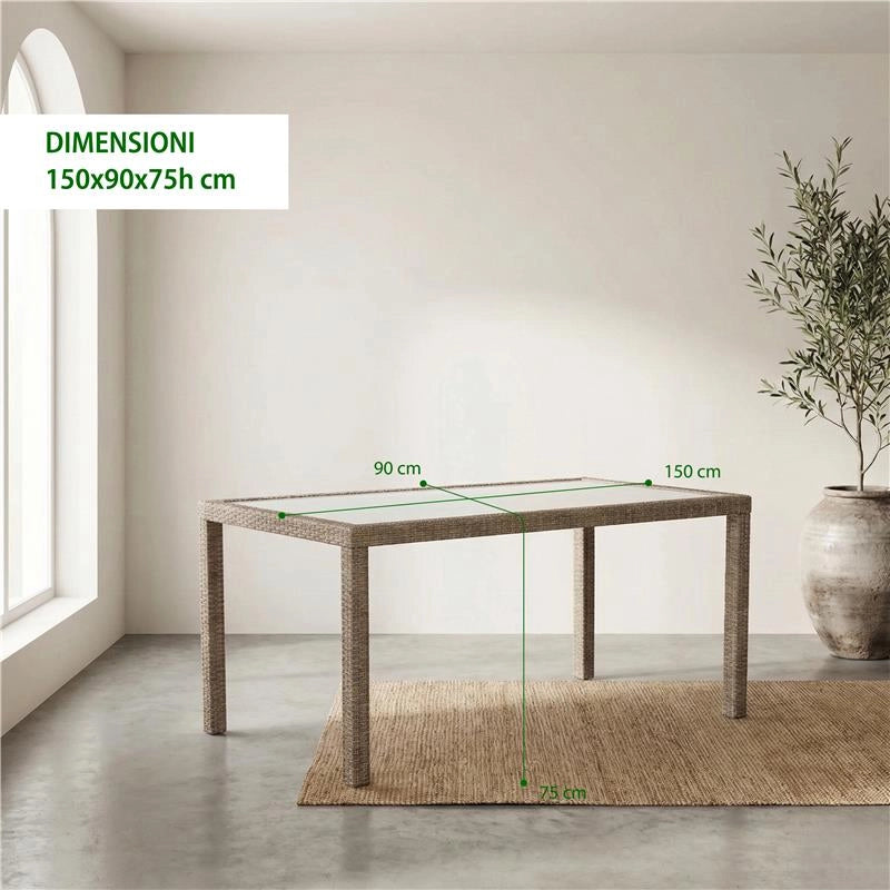 TAVOLO AZORE IN ACCIAIO E WICKER MARRONE 150 X 90CM