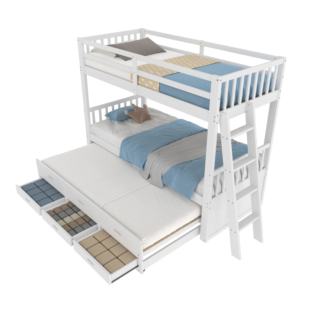 Letto a castello 90x200 cm con letto estraibile e 3 cassetti in pino e MDF bianco