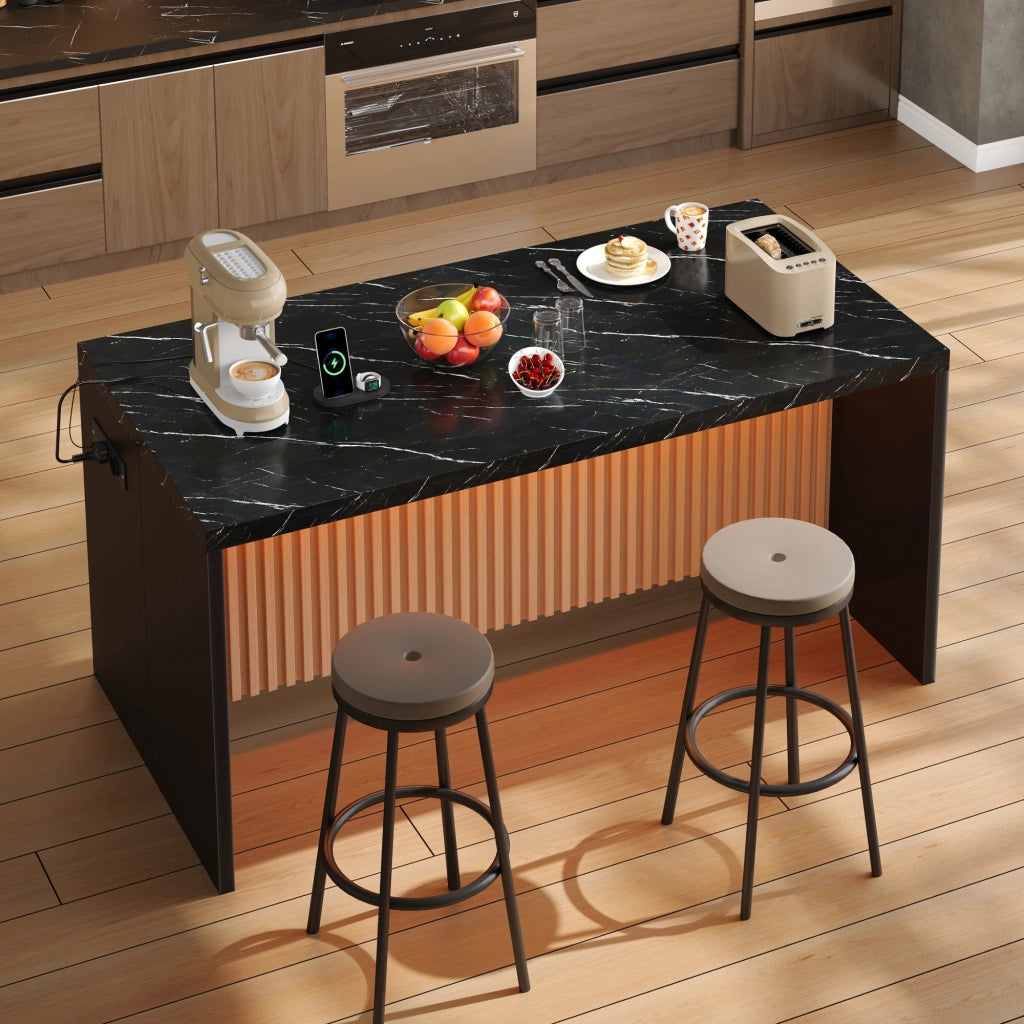 Isola da cucina con LED; 2 prese e 2 porte USB - per cucina - in MDF - 155×80×90 cm - nero