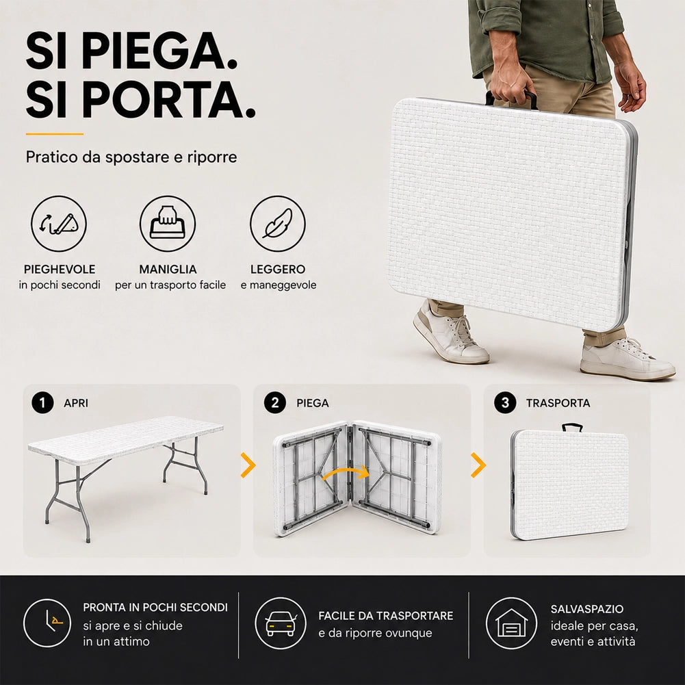 Tavolo Pieghevole Bianco Polyrattan Resistente Tavolino da Esterno 180x74x74cm