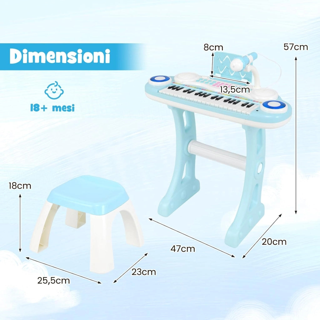 Tastiera Pianoforte a 37 Tasti per Bambini, Piano Elettronico per Bambini con Microfono, Sgabello e Supporto per Spartiti, 8 Ritmi e 8 Strumenti, per Bambini 18+ Mesi (Blu)