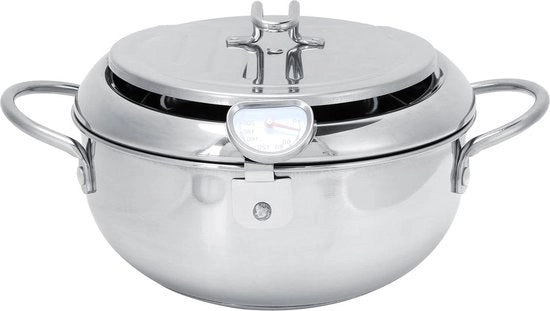 Piatto Fritto da 28cm - Acciaio Inossidabile - Termometro - Filtro dell'Olio - Cottura a Induzione - Fiamme a Gas