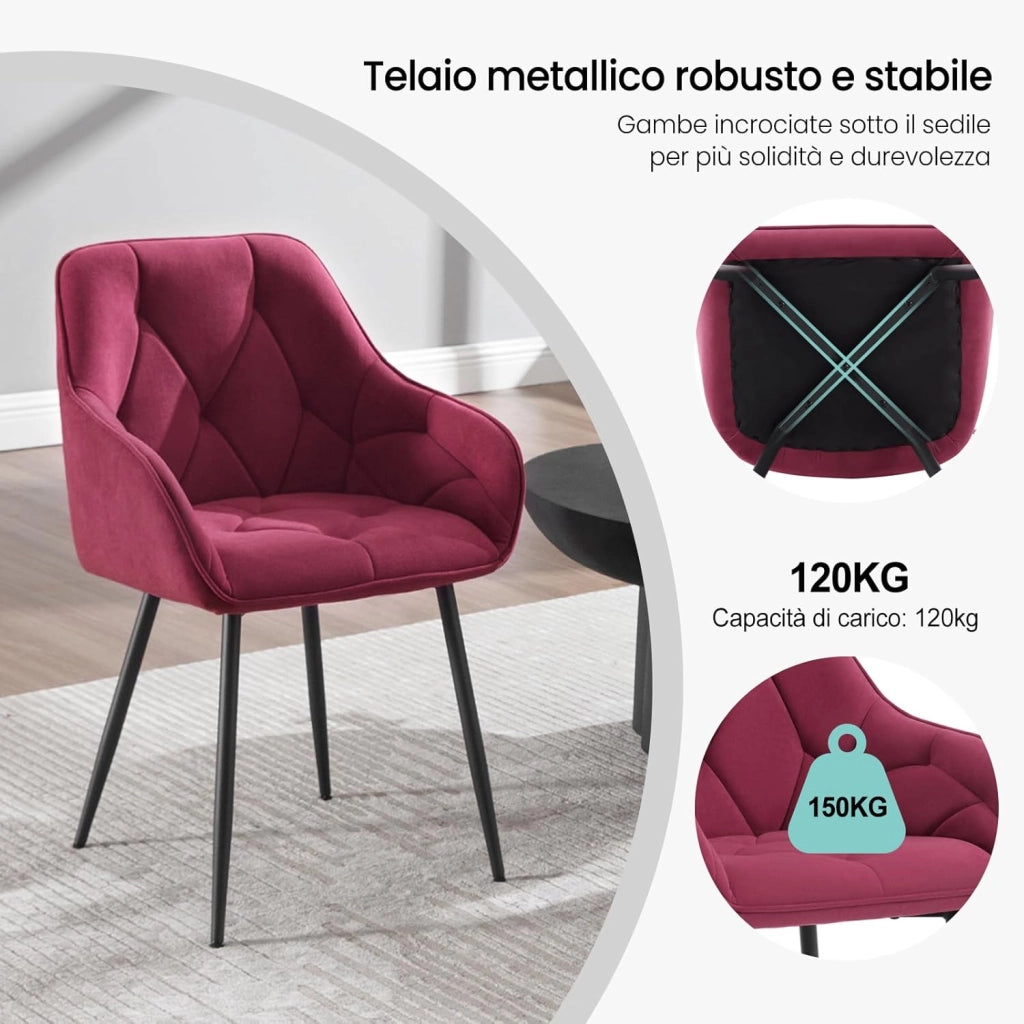 Set di 2 Sedie da Pranzo con Braccioli e Schienale, Sedie Cucina Moderna in Velluto, Poltrone da Salotto con Gambe in Metallo, Sedie ergonomiche per Ufficio, Bar, Bordeaux, EZS02bd-2