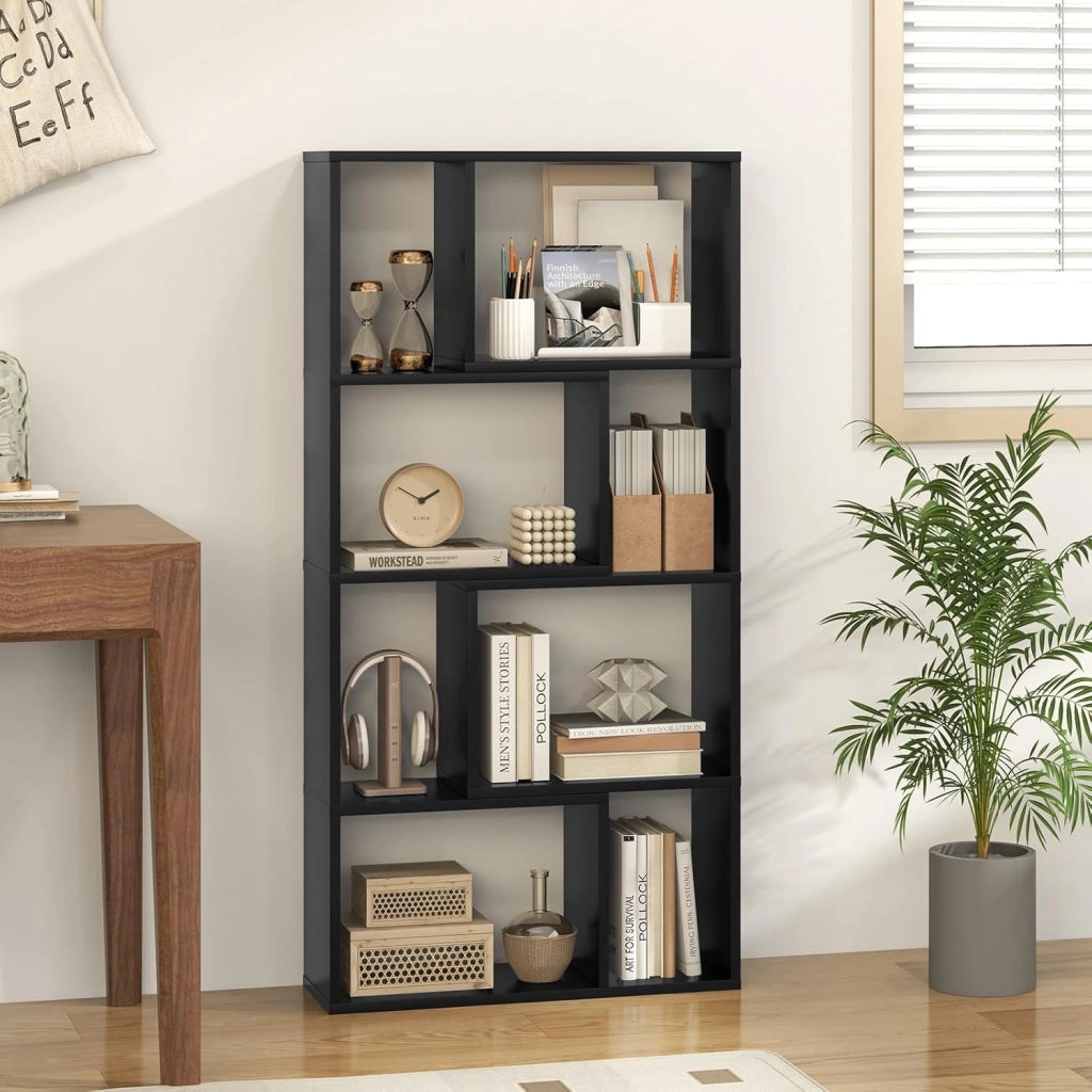 Libreria Geometrica a 4 Ripiani, Organizzatore Moderno con 8 Cubi, Mensola Espositiva a Pavimento, Mobile di Stoccaggio in Legno per Soggiorno Camera da Letto Studio, 60x20x120 cm (Nero)
