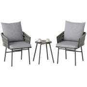 Set di Mobili da Esterno 3 Pezzi con 2 Sedie e 1 Tavolo, Set Bistrò, Rattan Sintetico, Struttura in Acciaio, Tavolo in Metallo, 4 Cuscini, Grigio