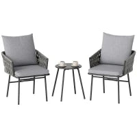 Set di Mobili da Esterno 3 Pezzi con 2 Sedie e 1 Tavolo, Set Bistrò, Rattan Sintetico, Struttura in Acciaio, Tavolo in Metallo, 4 Cuscini, Grigio