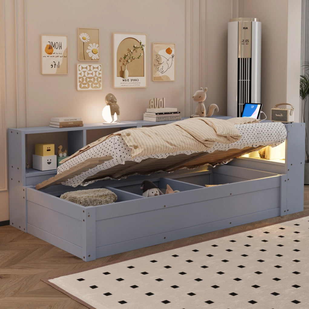 Letto multifunzione 90x200 cm con LED; presa integrata e contenitore; grigio