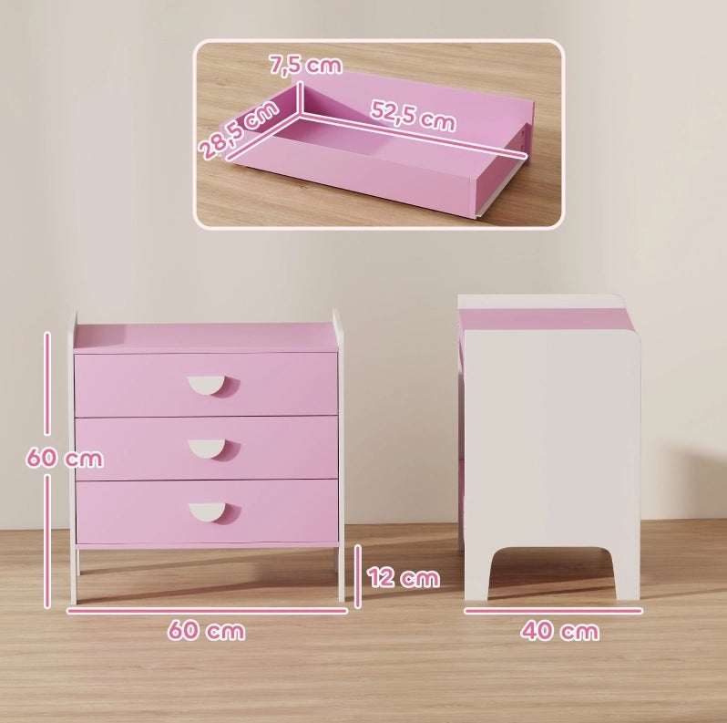 Cassettiera per bambini ULEVR 60x40x60 cm con 3 cassetti, rosa e bianco