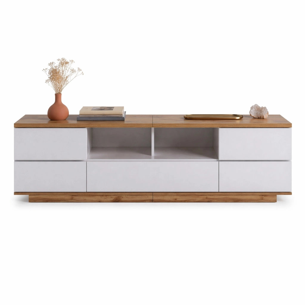 Mobile TV 180x38x46 cm bianco e colore legno in MDF con 5 ante e 2 vani aperti