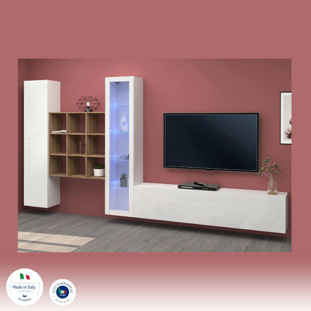 Mobile Soggiorno Arizzano, Parete Attrezzata 18 Ripiani Made in Italy, 310x30x180h cm Bianco Lucido