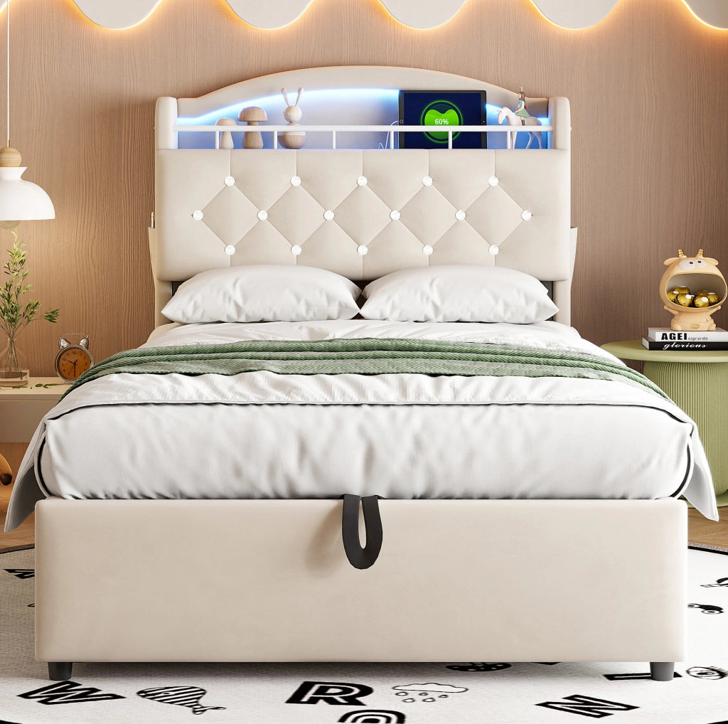 Letto Singolo Imbottito per Bambini 90x200 cm con Contenitore, LED e USB, Rivestimento in Velluto Beige