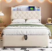 Letto Singolo Imbottito per Bambini 90x200 cm con Contenitore, LED e USB, Rivestimento in Velluto Beige