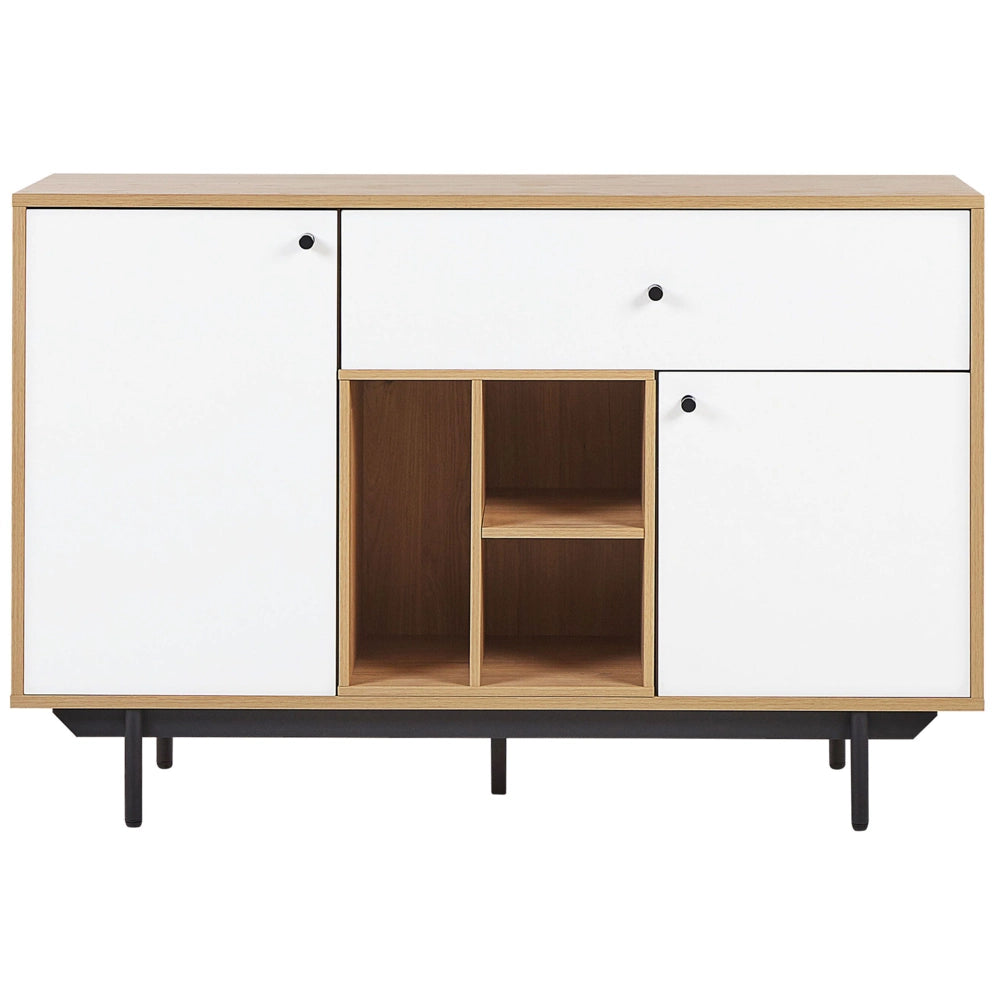 Credenza in legno chiaro con armadi in derivati del legno bianchi Scaffali per cassetti in stile retrò