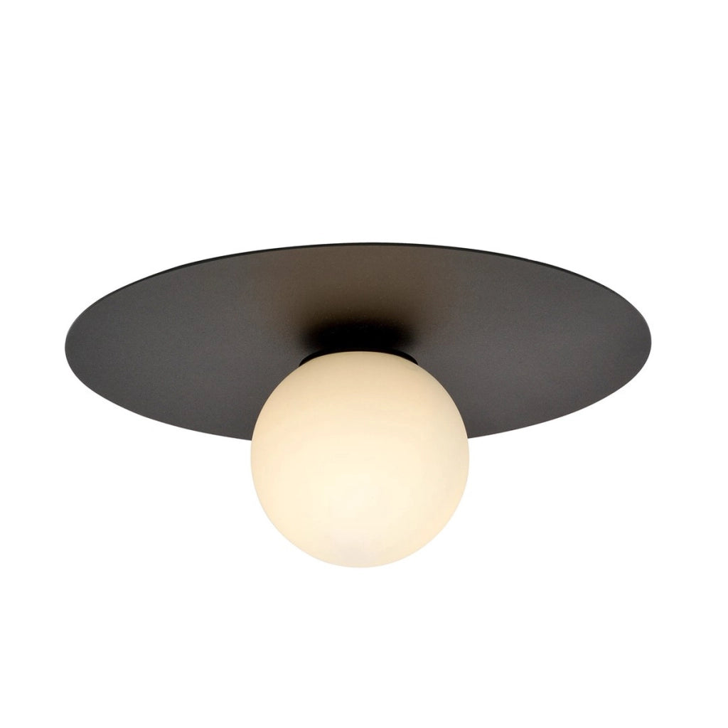 Lampada a sospensione Solar con base in acciaio nero e vetro opalino