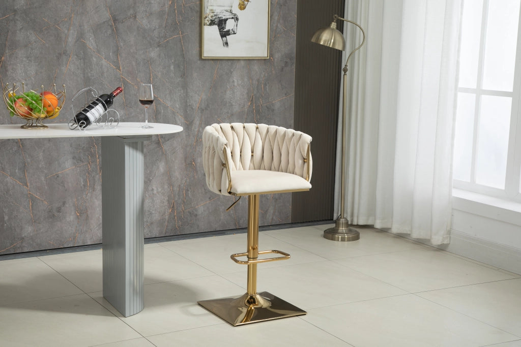 Sgabello da bar girevole 360° in velluto avorio, altezza regolabile con schienale ergonomico e poggiapiedi