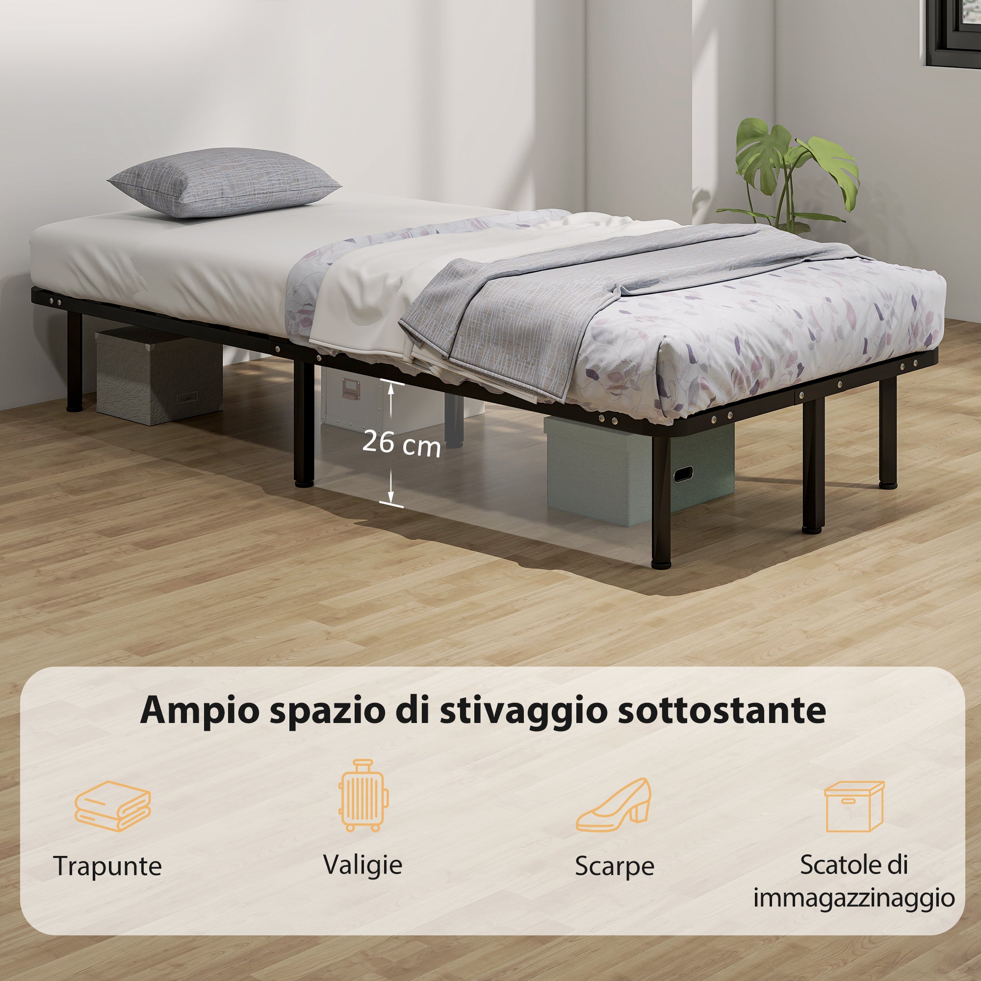 Rete Fissa Letto Singolo 190x90x31 cm a 28 Doghe con Spazio Sottostante in Legno e Acciaio Nero e Legno