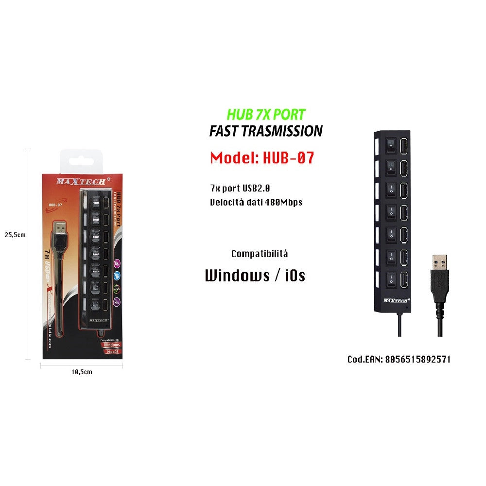 Trade Shop - Maxtech Hub-07 Usb 2.0 A 7 Porte Ad Alta Velocità On/off Interruttore Per Windos Macos -