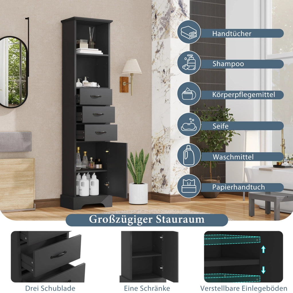 Mobile bagno alto nero in MDF laccato con 3 cassetti e ripiani regolabili