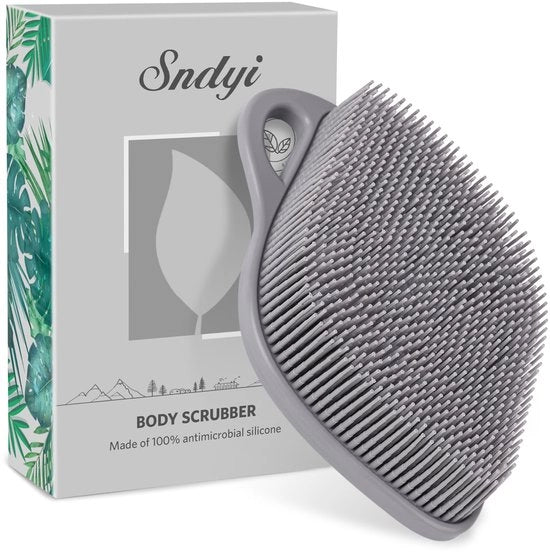 Spazzolino corporeo in silicone, spazzolino da doccia in silicone per esfoliazione delicata, spazzolino corporeo a foglia in silicone con setole schiumanti, spugna da doccia in silicone per la pelle sensibile, grigio