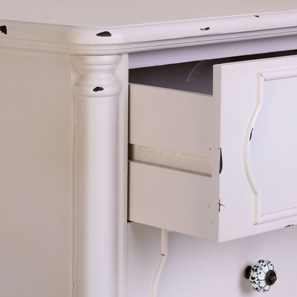 Tavolino in legno bianco invecchiato con 2 cassetti 50x36x55h cm